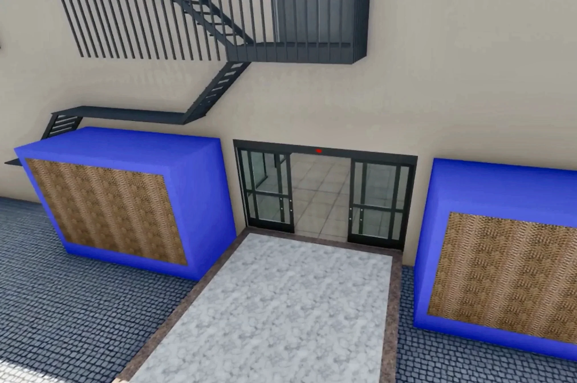 Original project frame showing evaporative pad cooling boxes beside the corridor end