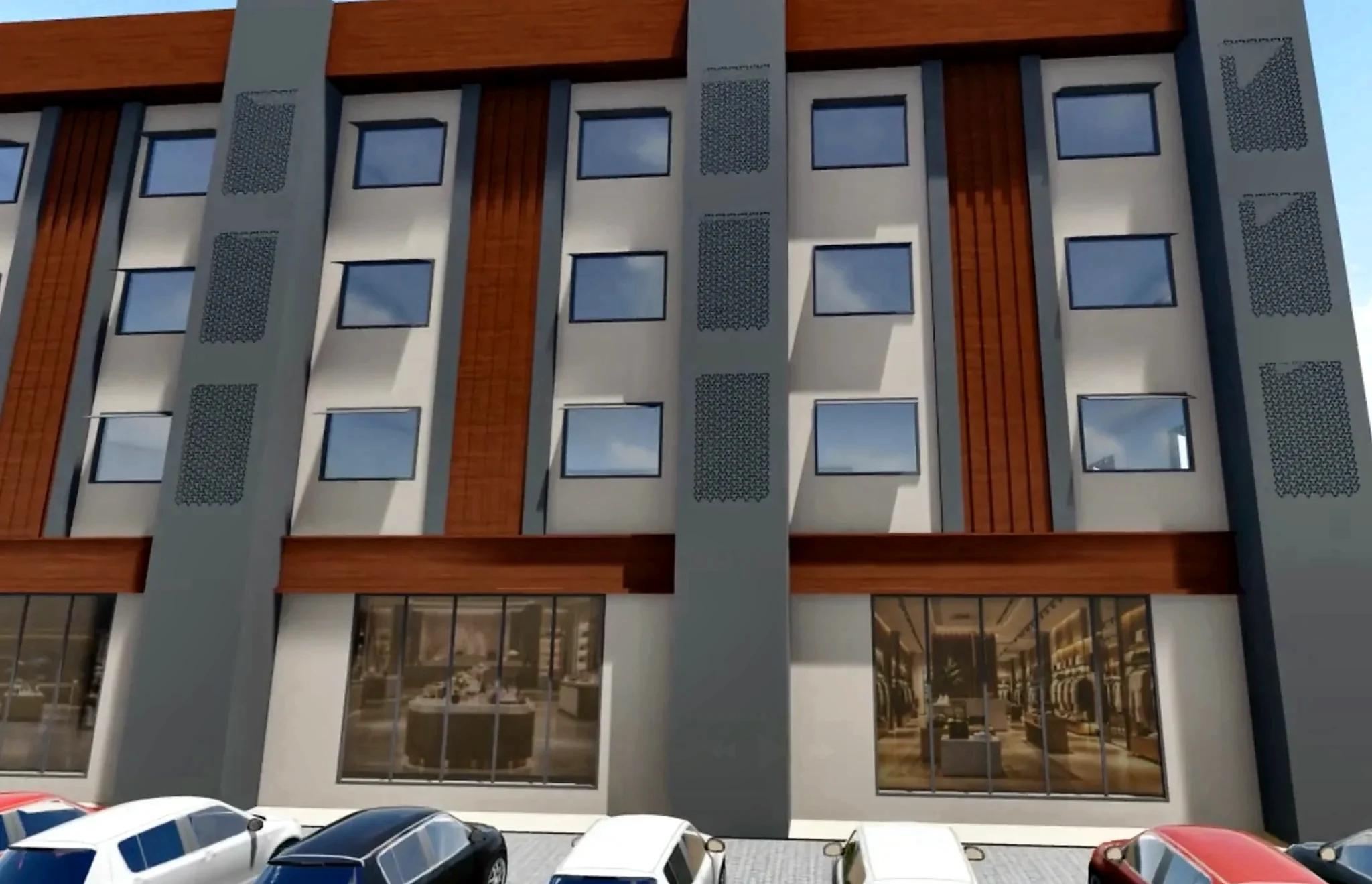 Actual OLA Boulevard close-up showing dark perforated technical bays and warm vertical façade slats