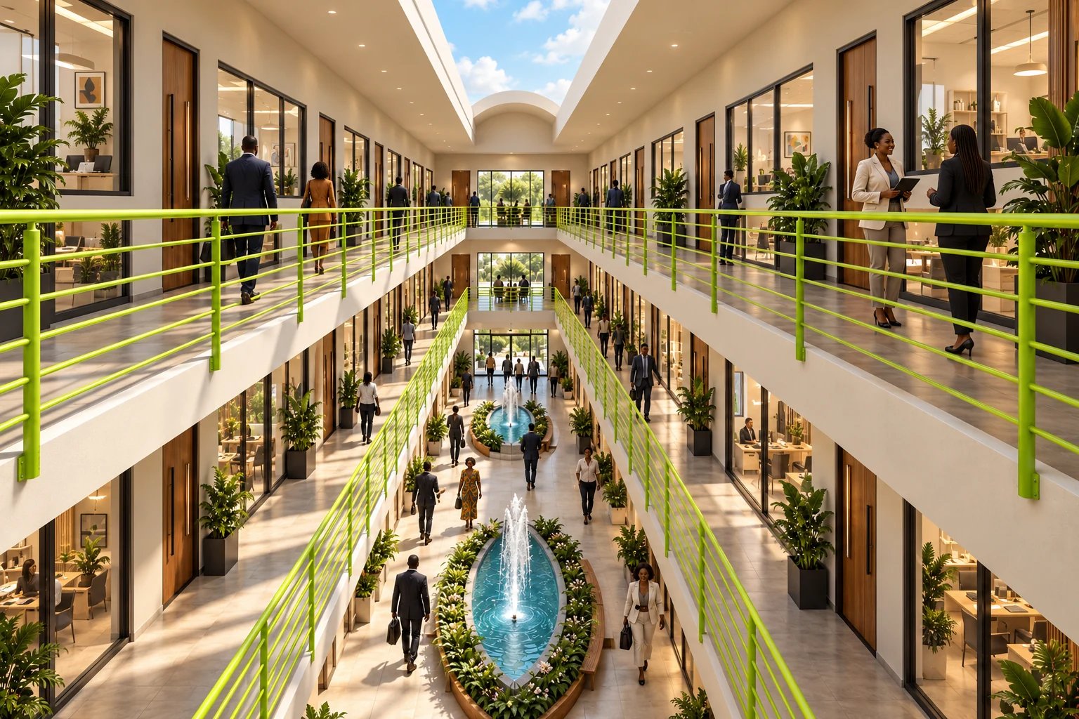 Original interior atrium rendering with green gallery railings and daylight entering from the roof
