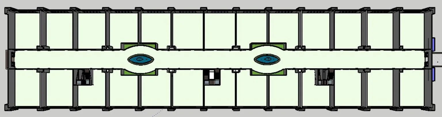 Original ground floor SketchUp plan with two oval widening areas, regular shop bays and stair positions