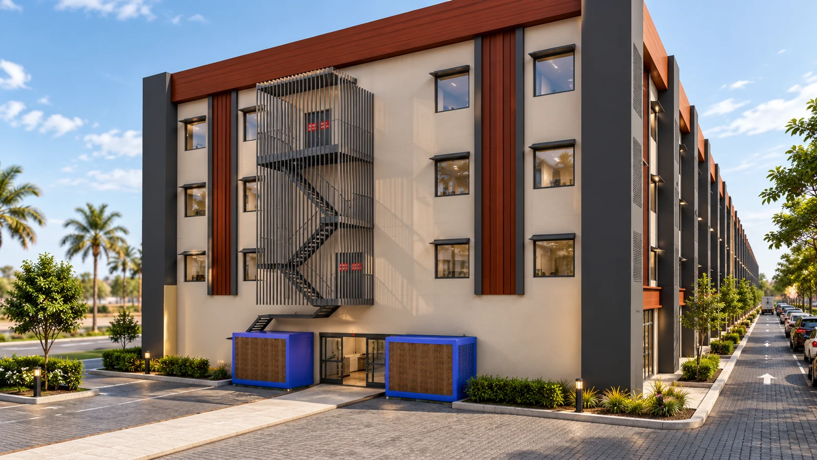 Original rendering showing protected stair enclosure and emergency-exit doors